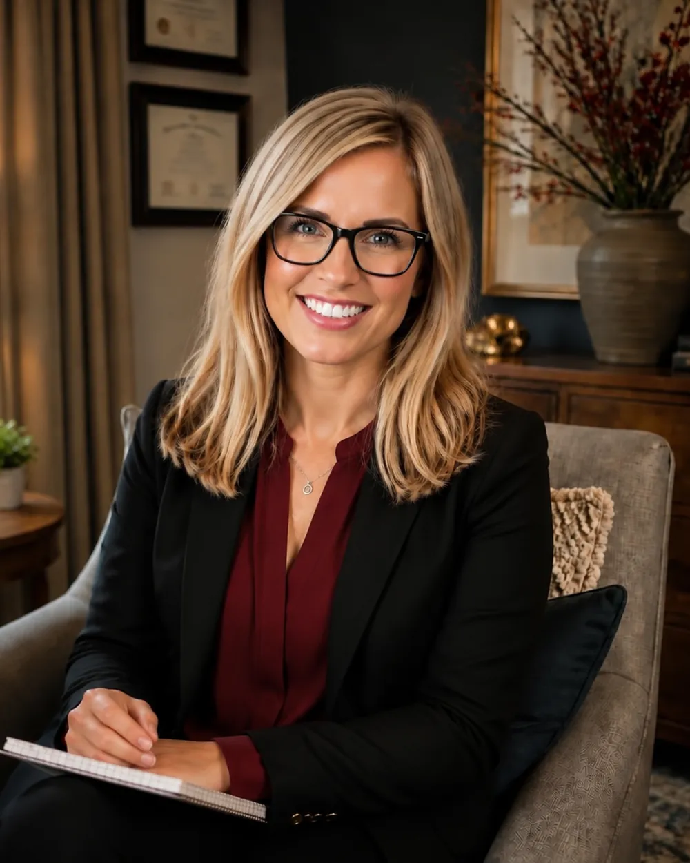 Dr. Kimberly Forbes-Dyczkowski, seated with a notebook and smiling